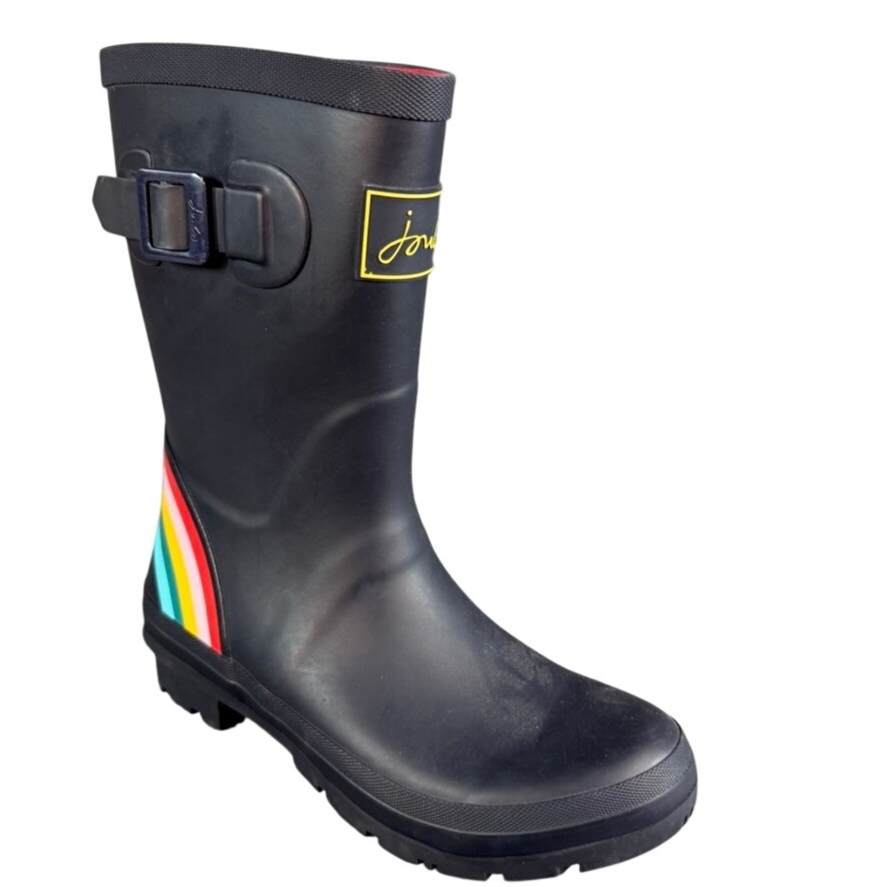 Joules Molly Welly Navy Blue Rainbow Stripe Mid Height Rain Boots Womens 5
